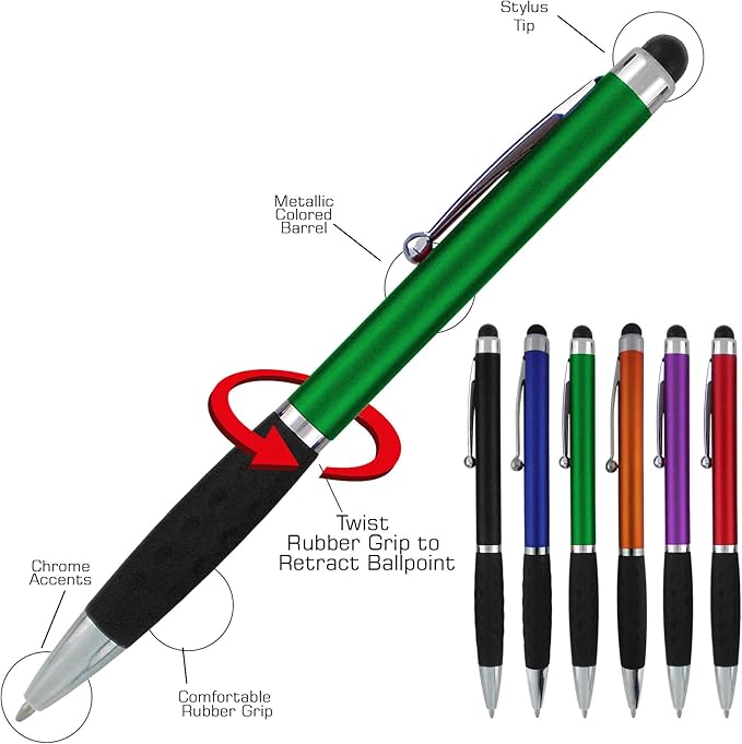 Stylus Pens -2 in1 Capactive Touch Screen with Ballpoint Writing Pen Sensitive Stylus Tip For Your iPad iPhone Samsung Galaxy & All Smart Devices -Metallic Barrel - Assorted Colors Comfy Grips,12 Pack
