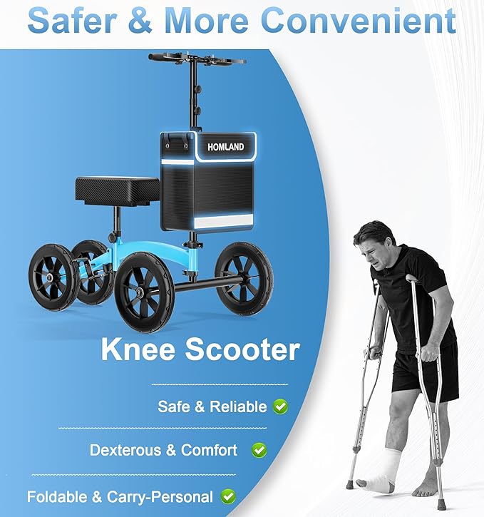HOMLAND Knee Scooter Walker for Adults Foot Injuries Ankle Surgery, Foldable Steerable Leg Scooters with Dual Handbrake, Height Adjustable Handle & Knee Pad, Removable Storage Bag, 300 lbs Capacity