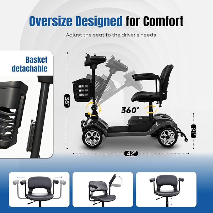 Mobility Scooter for Adults - 4 Wheels, 330lbs Capacity, 15Miles Long Range, Foldable Powered Mobility Scooter for Seniors, Elderly, Removable Battery, with Headlight, Charger & Basket