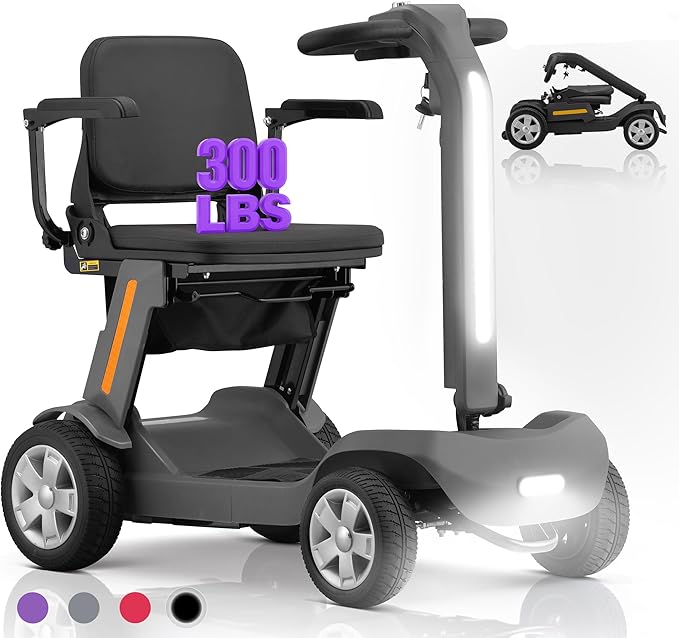 Foldable Mobility Scooter for Adults & Senior, 4 Wheels Powered Device for Travel, Lightweight and Portable, with LED Strip Light, Storage Bag, Charger Included, No Assemble Required (Grey)