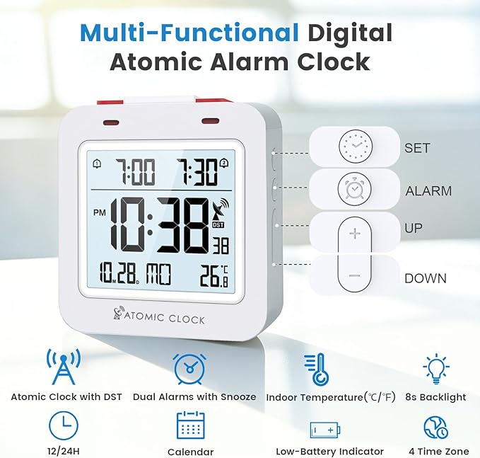 Small Digital Atomic Alarm Clock for Bedroom, 3.15 Inch Portable Travel Clock with Dual Alarms and Snooze, Indoor Temperature, 8s Backlight, Battery Included, White