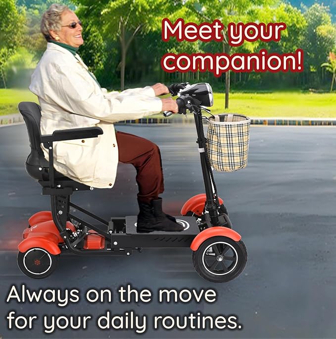 Dragon Mobile EX 4 Wheel Foldable Mobility Scooter for Adults, Elderly & Travel - All Terrain Aluminum Alloy Power Wheelchair with Premium Large Seat - Front Basket Included (Matte Red)