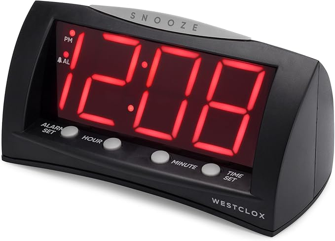 Westclox Digital Alarm Clock for Bedroom or Office, Large 1.8" Red LED Display with Oversized Snooze Bar, Corded with Battery Backup, (Black, 8-Inch)