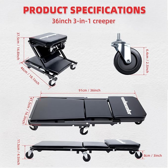 Mechanic Creeper 36 inches 3-in-1 Mode Z Seat 340lbs Capacity, Foldable Garage Adjustable Rolling Folding with 6pcs Wheels Roller, Lay Down Sit Lean Back, Under Car Auto Repair, Black, Man Gift