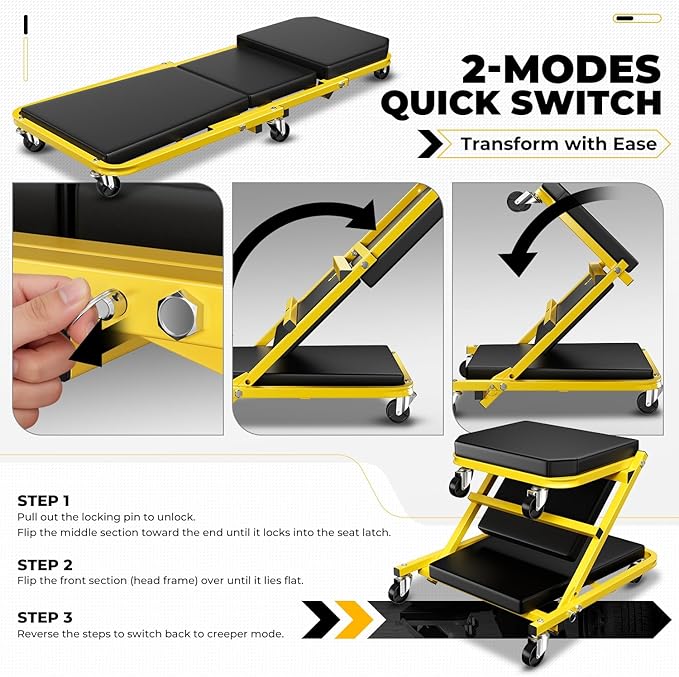 Auto Dynasty 36" Z-Creeper Seat, 2-in-1 Foldable Garage Creeper Shop Seat, 330 LBS Capacity Automotive Mechanic Repair Under Car Rolling Creeper Seat, Yellow