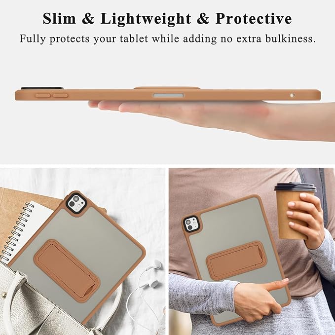 Dteck for iPad Pro 13-inch (M4/M5) 2024/2025 Release Clear Case with Foldable Kickstand, Screen Protector Film, Stylus, Slim Fit Lightweight Protective Thin Transparent Tablet Back Cover Shell, Brown