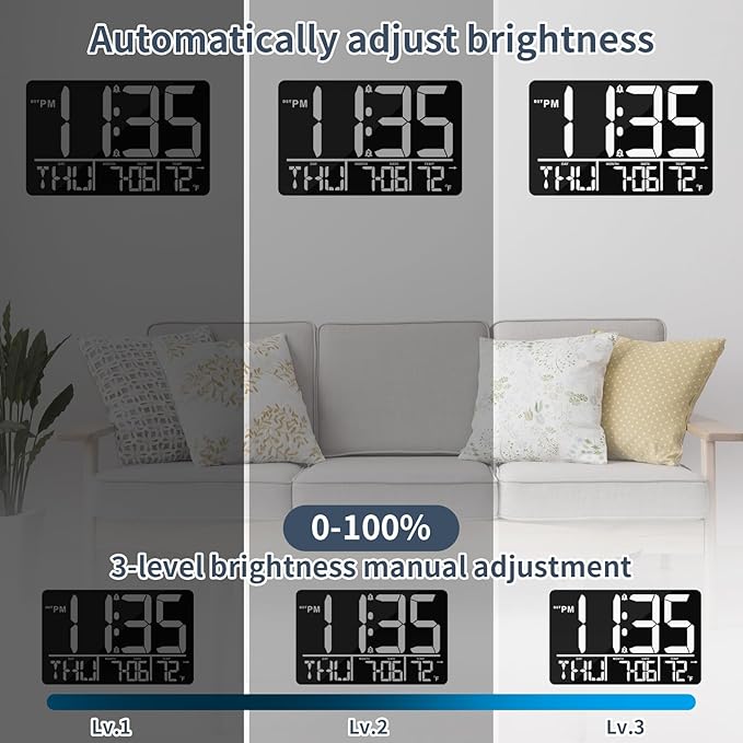 PERSUPER 13" Digital Wall Clock Large Display with Remote, 25 Ringtones, Temperature, Calendar, 0-100% Auto or Custom Brightness, 12/24H, DST, Timer, for Living Room, Kitchen, Bedroom, Office, Elderly