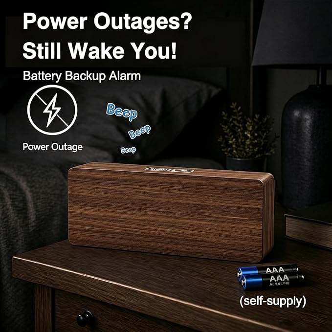 Peakeep Wooden Digital Alarm Clock Large Display, Textured Desk Table Decoration for Bedroom, Living Room, Plug in Clock with Time Date Day, 5 Brightness, Auto DST