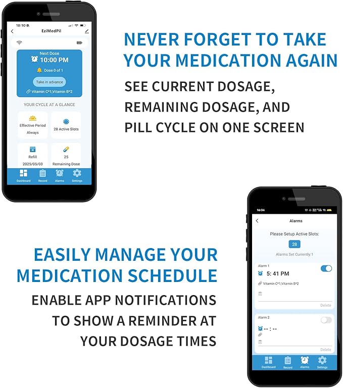 Smart WiFi Automatic Pill Dispenser with App, Locked Medication Organizer for Elderly - Tracks Adherence History, 28 Slots, Sound/Light/APP Alerts, Up to 9 Alarms/Day, for Vitamins, Supplements