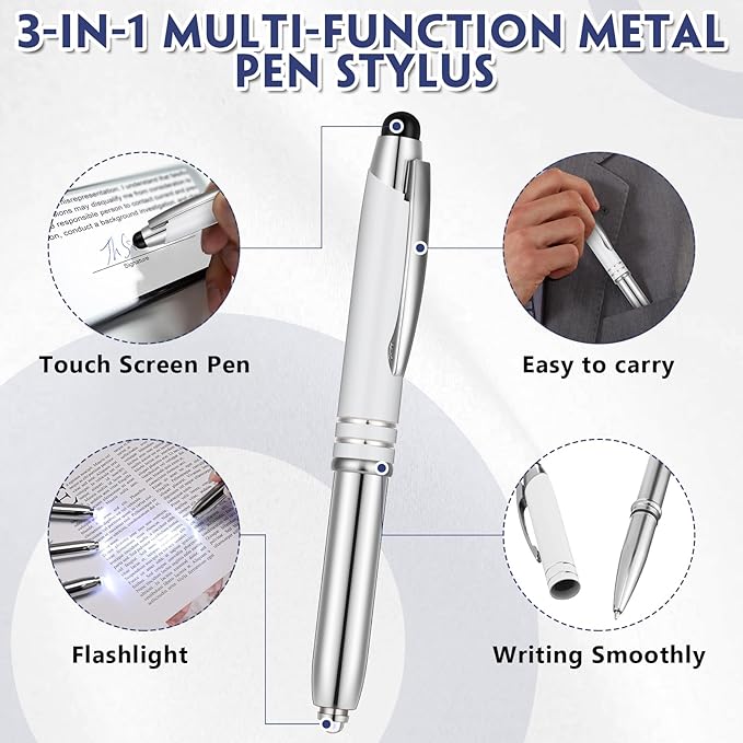 Zonon 15 Pieces 3 in 1 Ballpoint Pen with LED Flashlight and Stylus Tip Multi-Function Capacitive Pen, 1.0 mm Black Ink Metal Ballpoint for Touch Screens Nurse Teacher Gifts(White)