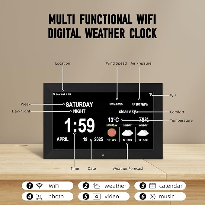 Digital Alarm Clock, Multiple Alarm Functions, Clock with Date and Day, Digital Alarm and Electronic Calendar for Seniors (White, 7 inch) (10-inch Black WiFi)