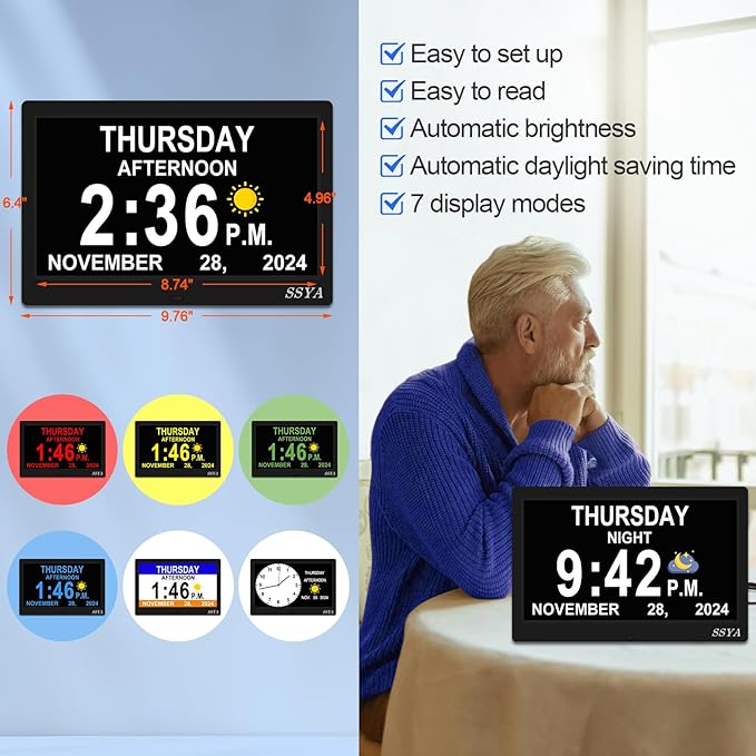 SSYA Dementia Clock for Seniors Digital Large Calendar Alarm Clock Auto DST Black