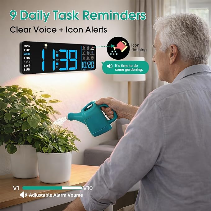Hoifen Clock with Day and Date for Seniors, 16" Large Display Digital Calendar Dementia Wall Clock for Memory Loss with Time Periods & Task Reminders, Remote Control, Night Light, Auto Dim&DST (Blue)