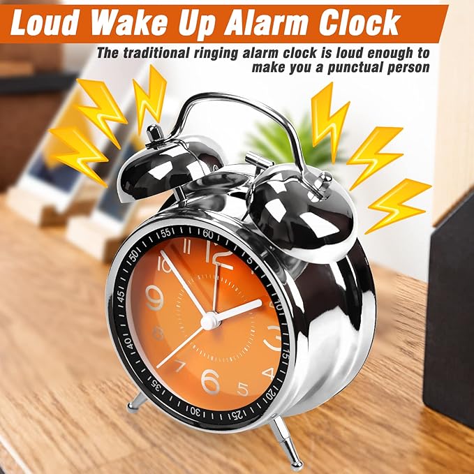 AYRELY® Super Loud Alarm Clock for Heavy Sleepers Adults,Twin Bell Retro 4 Inch Silent Non-Ticking Quartz with Backlight, Metal dial, Alarm Clocks for Bedrooms Bedside (Orange)