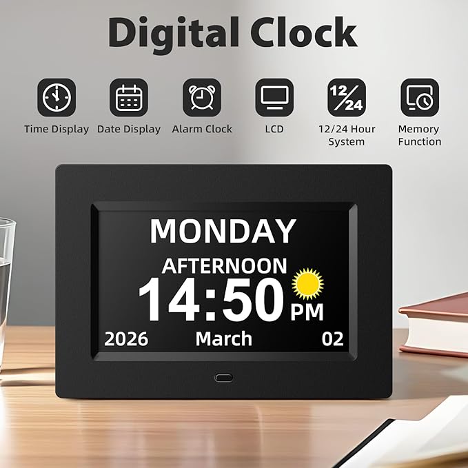 7 inch Digital Calendar Day Clock for Seniors & Elderly, Extra Large Display with Non-Abbreviated Day Date & Month, Dementia Alarm Clock for Memory Loss, Auto-Dimming, Black