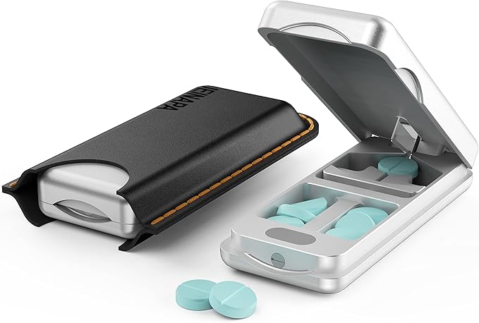 JEINAPA Aluminum Pill Splitter Cutter with Auto Centering Device, 316L Stainless Blade, Genuine Leather Case, Professional Pill Splitter for Cutting Small or Large Pills (Silver)