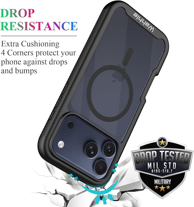 wahhle Compatible with iPhone 17 Pro Case, Magnetic Built in Screen Protector Full Body Shockproof Slim Fit Bumper Protective Phone Cover Men Women 6.3"-Black/Clear