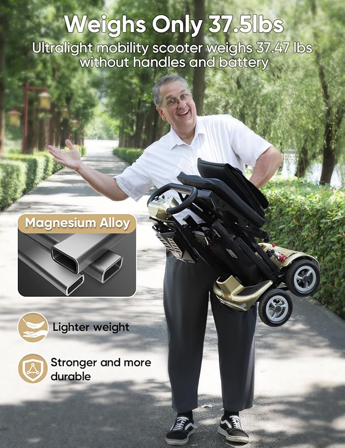 Mobility Scooter for Adults, Seniors - 37.5 lbs Ultra Lightweight Folding Mobility Scooters for Seniors Airport Approved, All Terrain 4 Wheel Motorized Scooter for Travel, 275 lbs Capacity, Gold