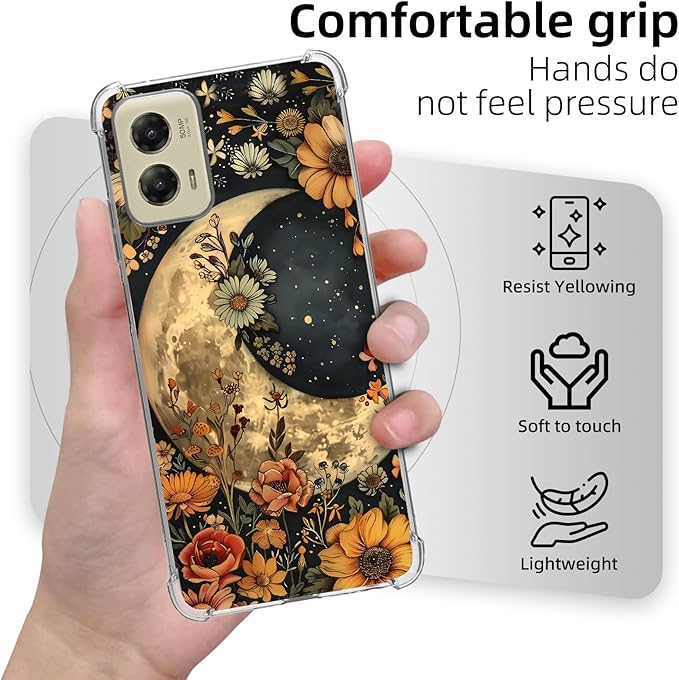 for Motorola G Stylus 5G 2024 Clear Phone Case, Lightweight Transparent TPU, Floral Moon Shockproof Four Corner Anti-Fall Case 6.7" for Moto G Stylus 5G 2024, Screen Protector Film