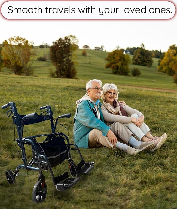 2 in 1 All Terrain Rolling Walker with Seat and Brakes, Foldable, Lightweight, for Seniors & Adults - Adjustable Height & Detachable Footrest Included (Dark Gray)