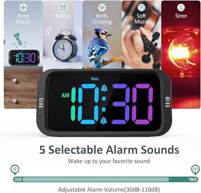 Odokee Digital Dual Alarm Clock for Bedroom: RGB Electric Clock with USB Charger for Kids Teens - Dimmable Clock with Weekday Weekend Mode for Bedside Desk