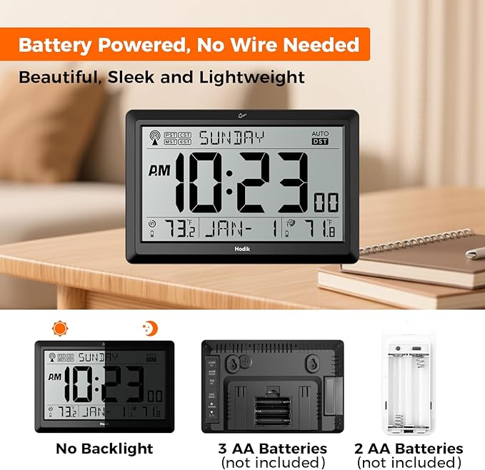 HODIK Wall Clock Atomic with Indoor Outdoor Temperature Battery Powered, Easy Reading with 10.5 Inch LCD Display, 330FT Range Table Wall Clock with DST, 12/24 Hour for Living Room Kicthen (Black)