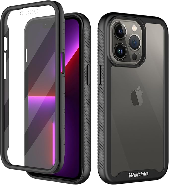 wahhle Compatible with iPhone 13 Pro Case, Built in Screen Protector Full Body Shockproof Slim Fit Bumper Protective Phone Cover 6.1'' Men Women-Black/Clear