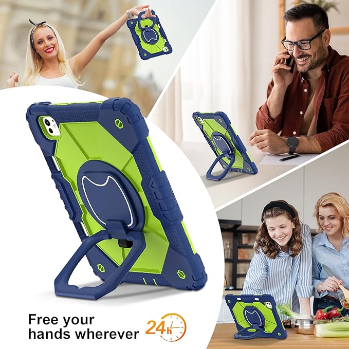 Dteck for iPad Pro 11 inch (M4/M5) 2024/2025 Release Shockproof Case with Shoulder Strap/Pencil Holder/Rotating Kickstand Handle, Heavy-Duty Sturdy Rugged Cover, Protective Tablet Shell, Blue Green