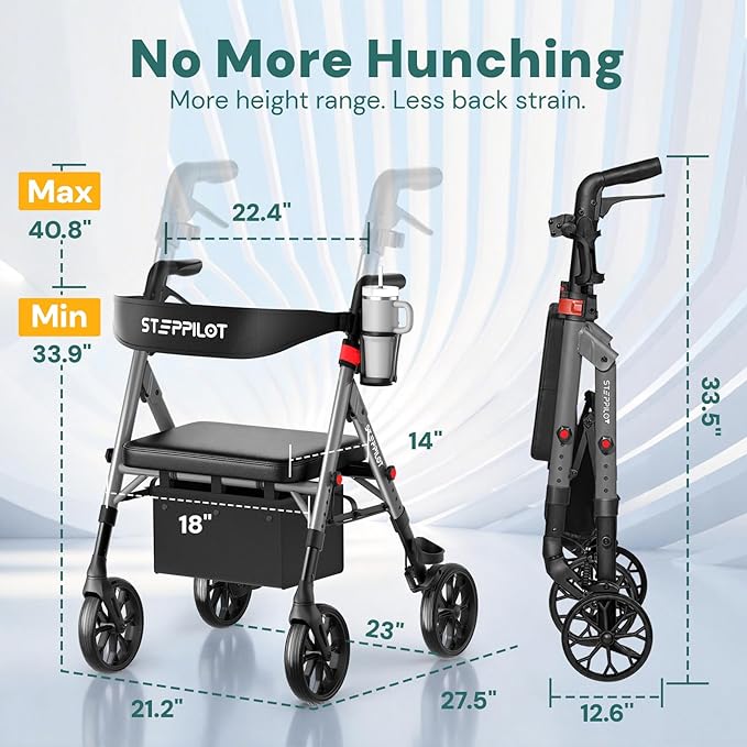Bariatric Rollator Walker with Seat for Seniors, 500lb Capacity Aluminum Frame, Zero Wobble, 16lb Lightweight, 8" All Terrain Wheels, 10-Level Adjustable Handle/Seat, Cup Holder, Cane Clip