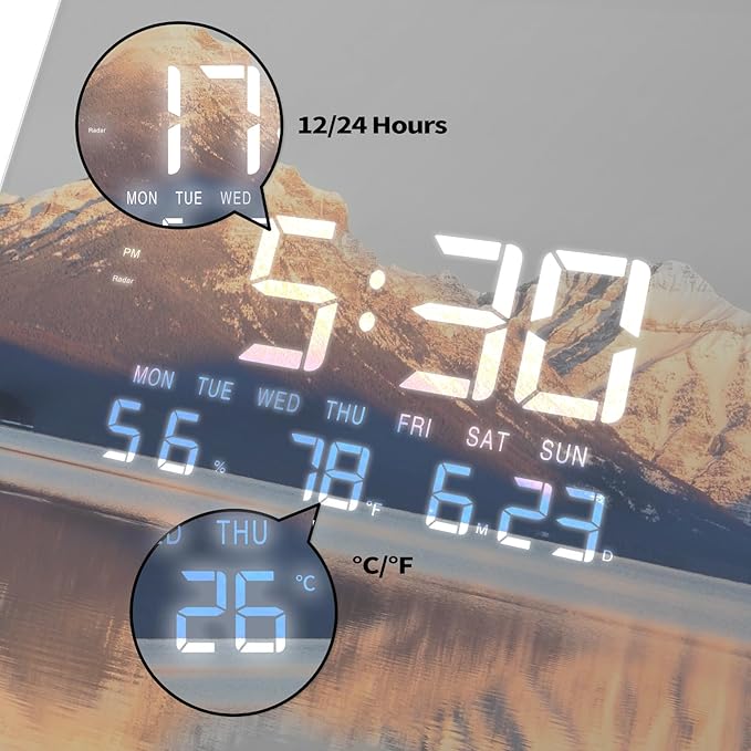 12'' Double Sided 90° Corner Wall Clock, Golden Sunrise & Lake, Radar Motion Activated, Analog & LED Display with Temp Humidity Date Day, Silent Non-Ticking Plug-in for Living Room Hallway