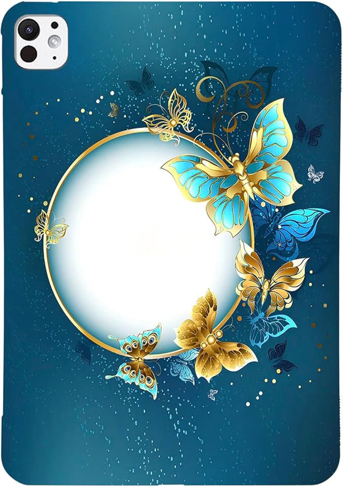 Dteck for iPad Pro 13 Inch (M4/M5) Ultra Thin Case 2024/2025 Release, Cute Cartoon Lightweight Soft Silicone TPU Slim Tablet Cover, Protective Shockproof Scratch Resistant Shell, Gold Blue Butterfly