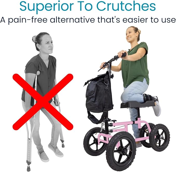 Vive Mobility All Terrain Knee Scooter Walker for Foot Injuries - Adult Broken Leg Crutch Cart Roller for Surgery, Broken Foot, Ankle Injury - Kneeling Rolling Steerable Seated Wheel Scooter Aid