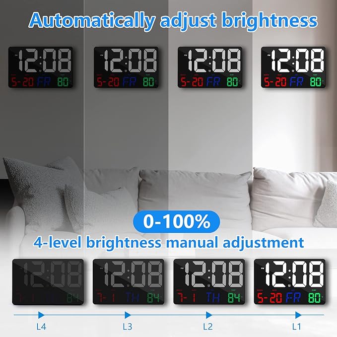 Digital Wall Clock,11.5" LED Digital Alarm Clock Large Display,with Remote Control,Adjustable Brightness, Calendar, Temperature, Snooze, 12/24 H, for Living Room, Office, Bedroom, Elderly, Adults Set