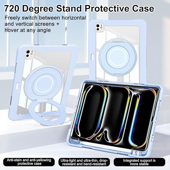 Dteck for iPad Pro 11 inch (M4/M5) 2024/2025 Release Shockproof Clear Case with Stylus Pencil Holder/Rotating Kickstand/Swivel Handle, Lightweight Protective Slim Transparent Tablet Cover Shell, Blue