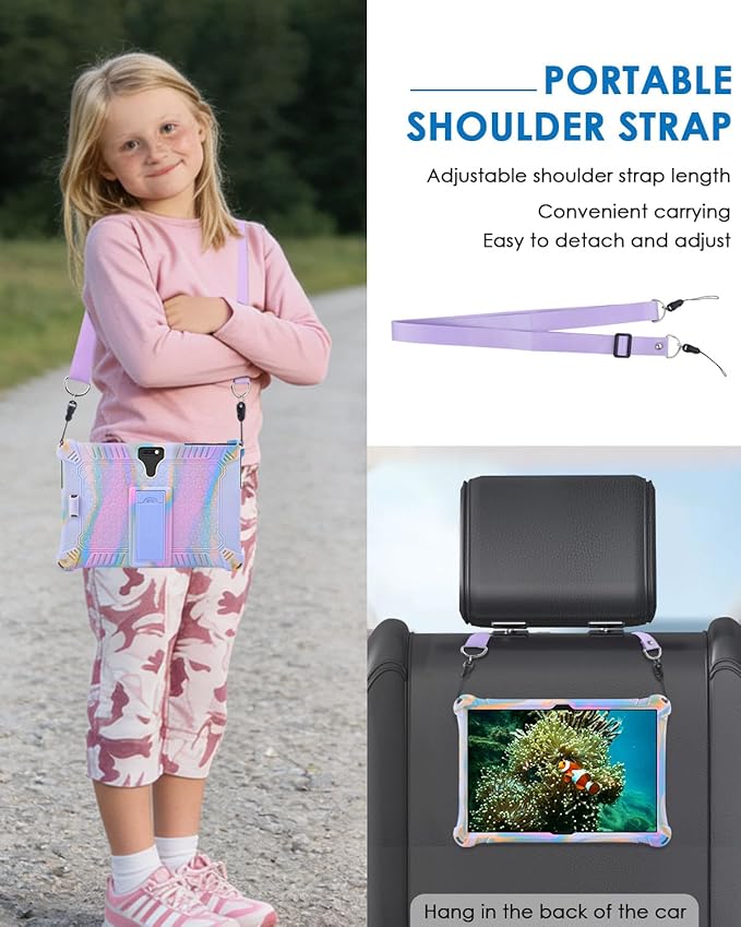 DETUOSI Feonal 10 inch Silicone Case with Shoulder Strap & Stylus Pen, Multi-Angle Stand Tablet Case, Soft Lightweight Cover for Winsing MTK 10 inch Tablet, ANTEMPER Touch, Rose Red & Purple