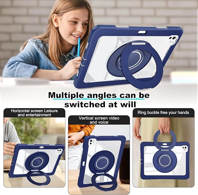 Dteck for iPad Pro 11 inch (M4/M5) 2024/2025 Release Shockproof Clear Case with Stylus Pencil Holder/Rotating Kickstand/Swivel Handle, Lightweight Protective Slim Transparent Tablet Cover, Dark Blue