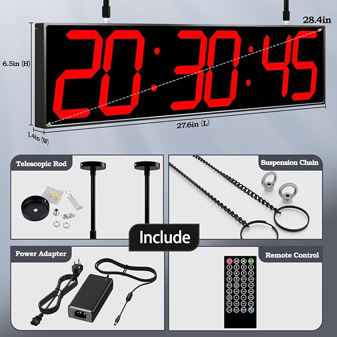 CHKOSDA 28.4‘’ Digital Clock with Large Display,Hanging Clock with Clearly Visible Large Digital Double-Sided Display,Multi-Function Led Clock with Temperature and Calendar Display (Red)