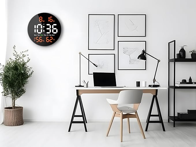 Large Digital Clock for Classroom, Digital Classroom Clocks for Teachers, 10" Round LED Clock with Large Display，Date, Countdown Timer, Remote Control, Temperature, Electric (Orange)