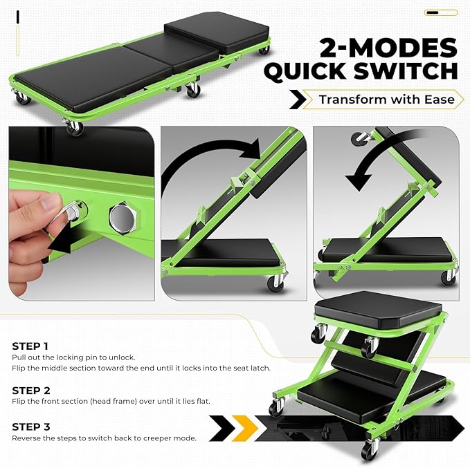 Auto Dynasty 36" Z-Creeper Seat, 2-in-1 Foldable Garage Creeper Shop Seat, 330 LBS Capacity Automotive Mechanic Repair Under Car Rolling Creeper Seat, Green
