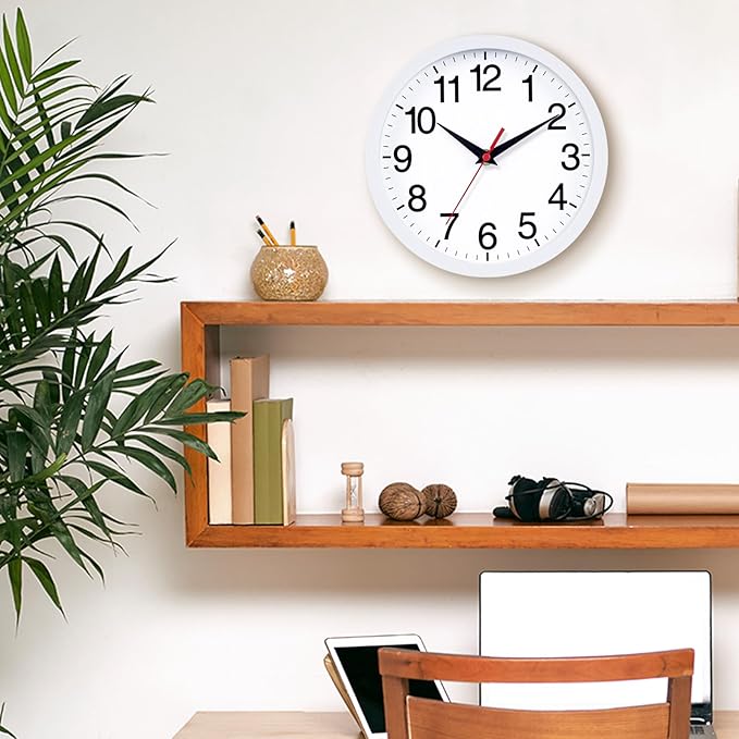 Rohioue Wall Clock Modern 10 Inch Battery Operated Silent Non Ticking Analog Clock Decorative for Bedroom Kitchen Bathroom Office Home (White)