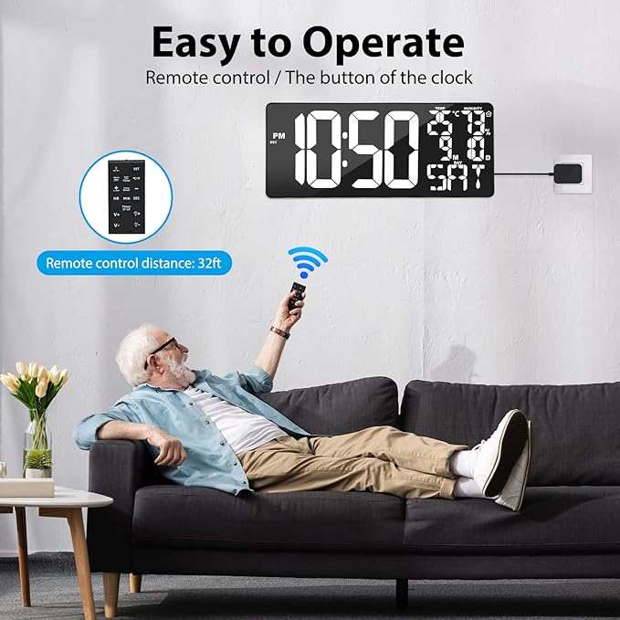 18 Inch Oversized Digital Wall Clock with Remote Control, Auto-Dimming, Temperature, Date/Day of Week, Large Display, Multi-Functional, White