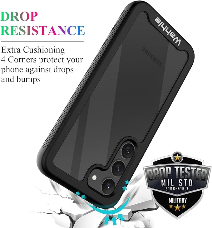wahhle Compatible with Samsung Galaxy S23 Case, Built in Screen Protector Full Body Shockproof Slim Fit Bumper Protective Phone Cover for Galaxy S23 5G 6.1'' Men Women-Black/Clear