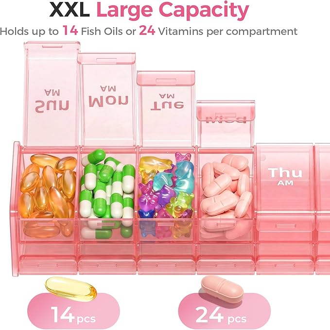 Betife Extra Large Pill Organizer 2 Times a Day, XXL Pill Box 7 Day with AM PM Large Compartments, Daily Medicine Case, Jumbo Weekly Pill Holder for Fish Oils, Vitamins & Supplements（Pink）