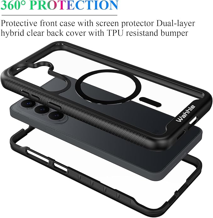 wahhle Compatible with Samsung Galaxy S26 Case, Magnetic Wireless Charging Built in Screen Protector Full Body Shockproof Slim Fit Bumper Protective Phone Cover for S26 - Black/Clear