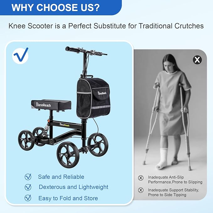 BlessReach Economy Knee Scooter, Steerable Knee Walker, Foldable Knee Scooters for Foot Injuries Adult Best Crutches Alternative，Knee Scooter for Adults.(Blacks)