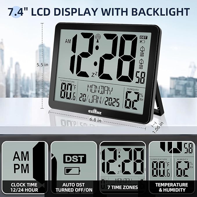 Atomic Digital Wall Clock Battery Operated with Backlight, Desk Clocks with Indoor Temperature & Humidity, 8.5" Small Alarm Clock with Date and Day of Week for Bedrooms, Living Room, Auto DST, Black