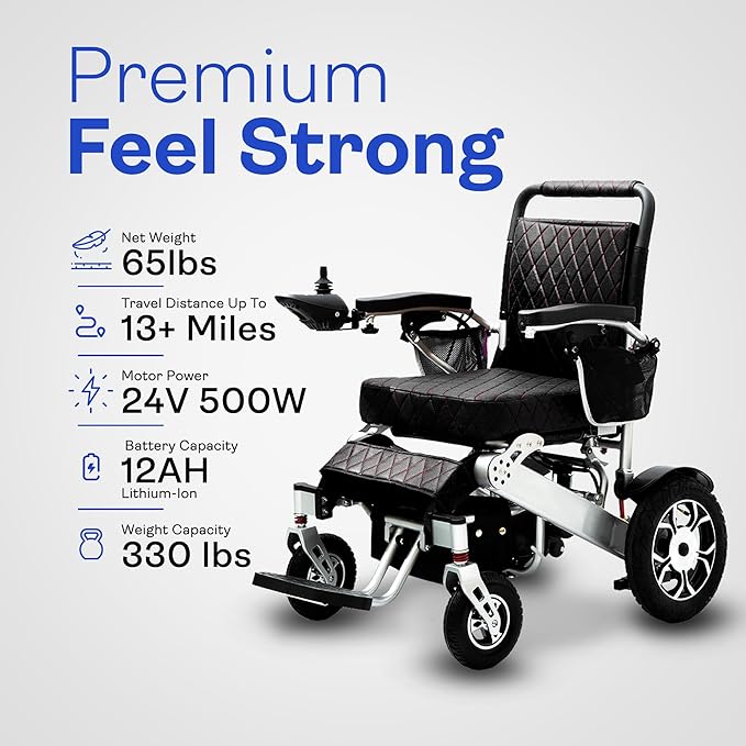 Alton Wolf Black Leather Lightweight Foldable Electric Wheelchair, 2x250w Motor Electric Wheelchairs for Adults - Travel/user Friendly Electric Wheelchairs for Seniors, Long Range Motorized Wheelchair