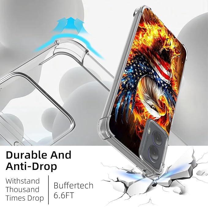 for Moto G Power 5G 2024 Clear Phone Case, Lightweight Transparent TPU, American Flag Flame Eagle Shockproof Four Corner Anti-Fall Case 6.7" for Moto G Power 5G, Screen Protector Film
