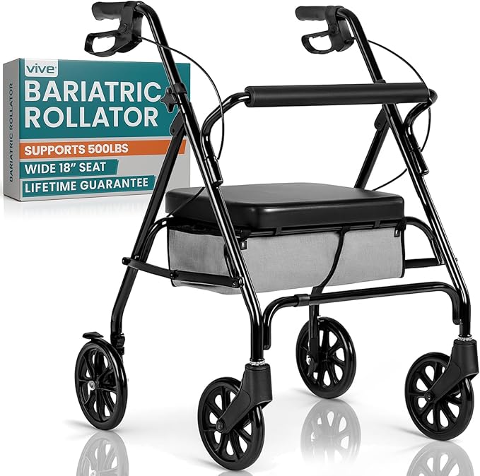 Vive Bariatric Rollator Walker for Seniors - 500 lbs Capacity - Rolling Walker with Seat Lightweight Easy Folding - Mobility Aids & Equipment - Adult Heavy Duty 4 Wheel Rollator with Brakes (Black)