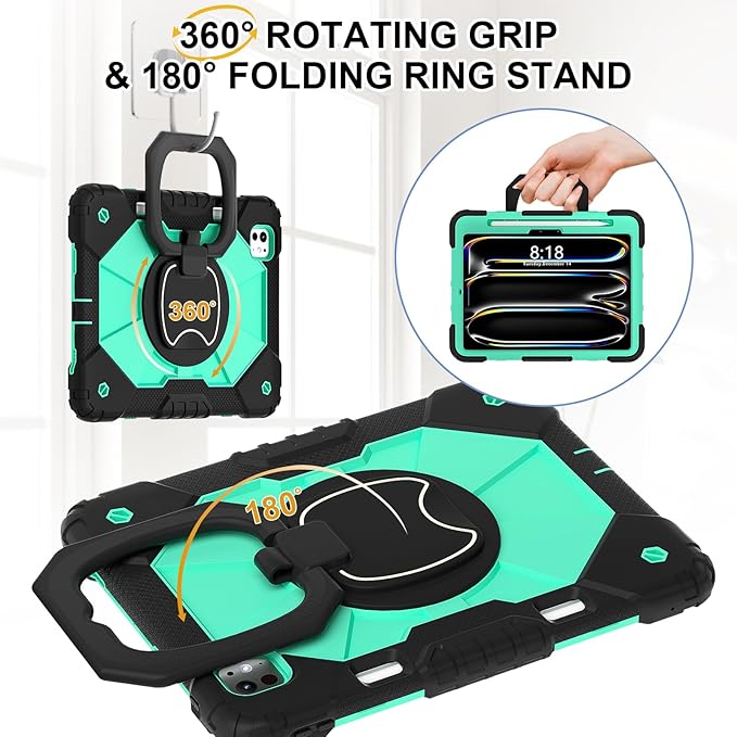 Dteck for iPad Pro 11 inch (M4/M5) 2024/2025 Release Shockproof Case with Shoulder Strap/Pencil Holder/Rotating Kickstand Handle, Heavy-Duty Sturdy Rugged Cover, Protective Tablet Shell, Black Mint